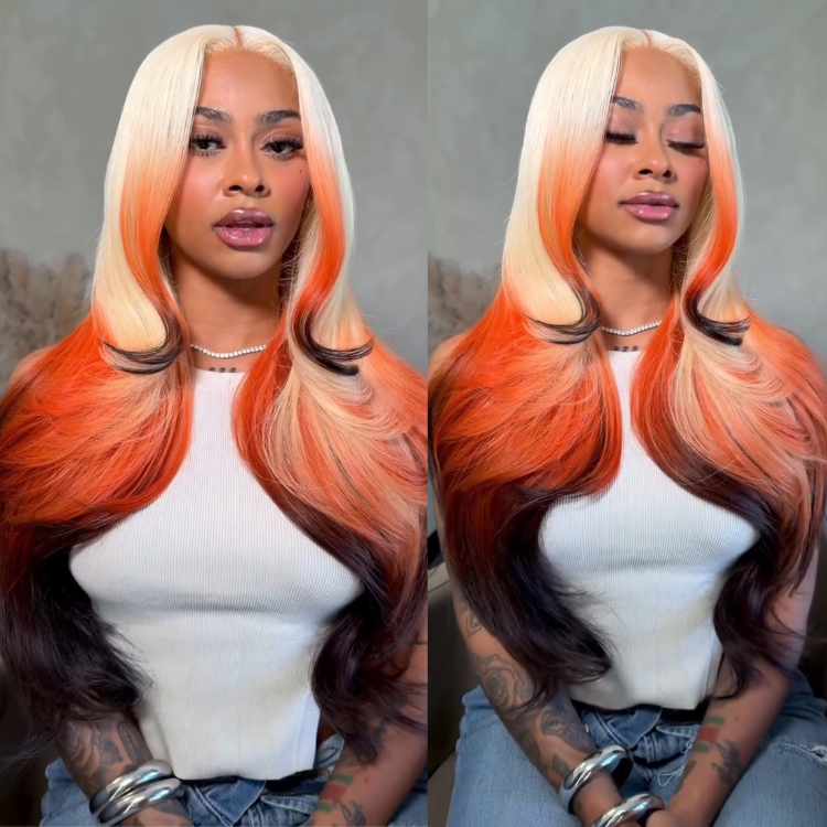 Tri-color Blonde Orange Black Ombre Human Hair Lace Front Wigs Silky Straight/ Body Wave Layered Wigs for Women - Rafarada