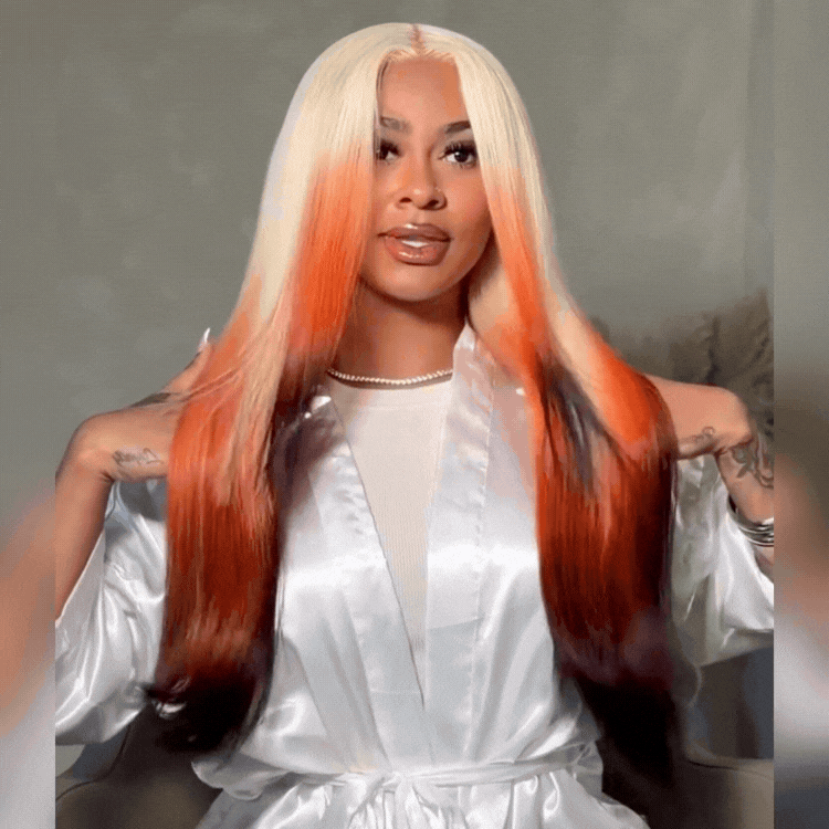 Tri-color Blonde Orange Black Ombre Human Hair Lace Front Wigs Silky Straight/ Body Wave Layered Wigs for Women - Rafarada