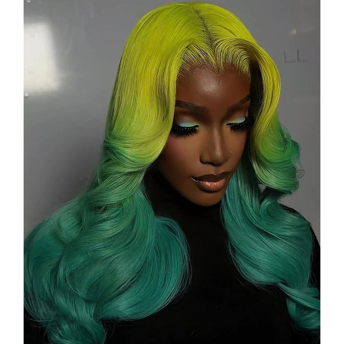 Glueless Lime Green to Emerald Ombre Body Wave Wig Two-Tone Colorful Wave Lace Front Wig - Rafarada