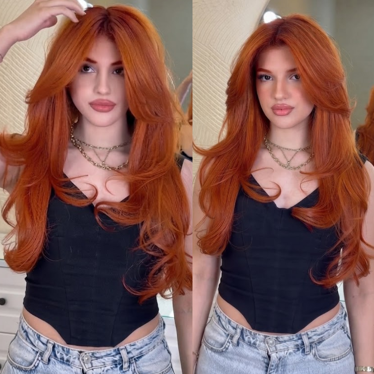 Vibrant Copper Red Layered Cut with Voluminous Bouncy Curls- Rafarada
