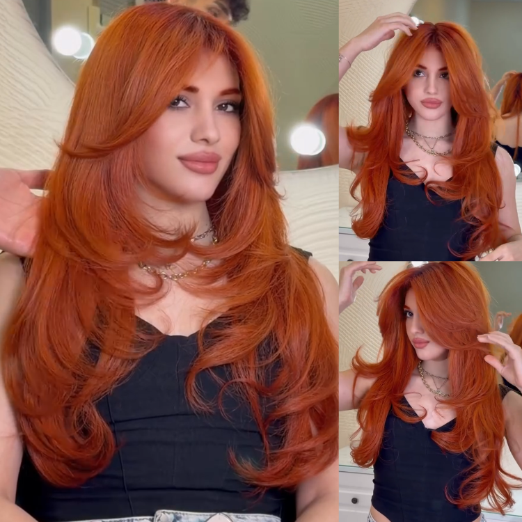 Vibrant Copper Red Layered Cut with Voluminous Bouncy Curls- Rafarada