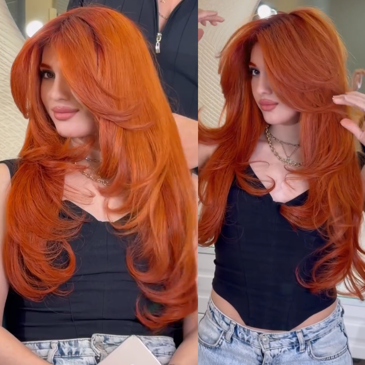 Vibrant Copper Red Layered Cut with Voluminous Bouncy Curls- Rafarada