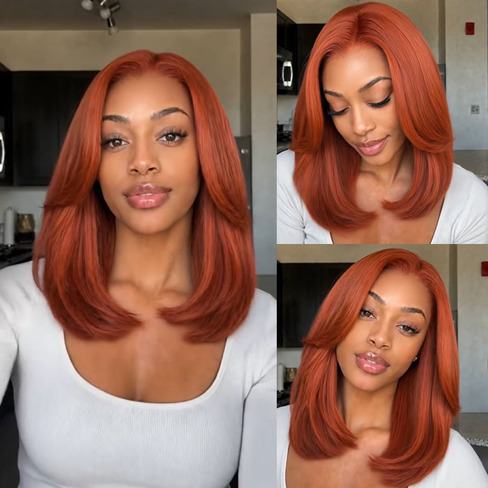 Vibrant Copper Ginger Layered Shoulder Length Bob Wig Face-Framing Cut Glueless Human Hair Wig - Rafarada