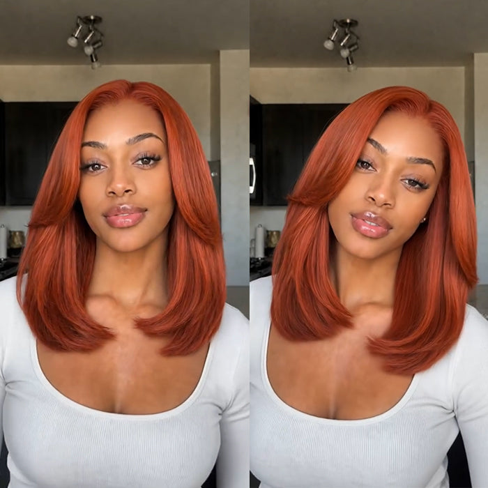 Vibrant Copper Ginger Layered Shoulder Length Bob Wig Face-Framing Cut Glueless Human Hair Wig - Rafarada