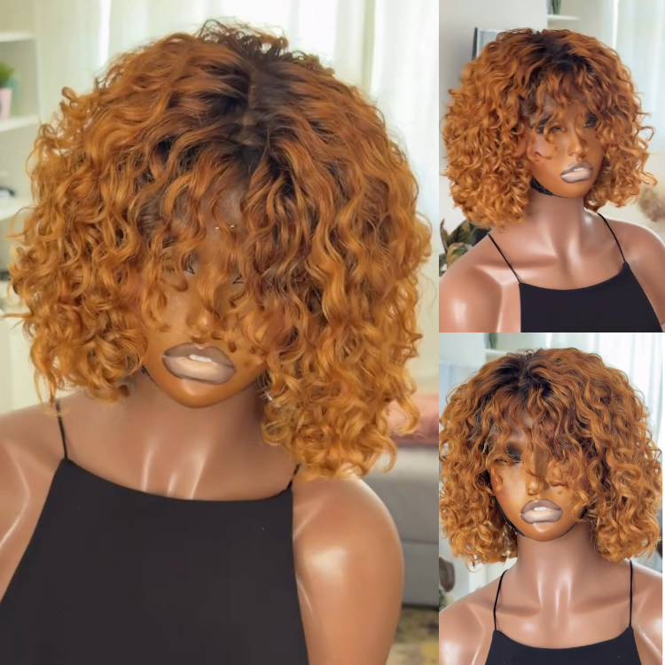 Vibrant Honey Ginger Water Wave Wig - Voluminous Deep Curly Human Hair Wig with Bangs, Fashionable Short Bouncy Wig- Rafarada