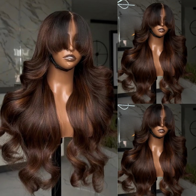 Voluminous Chocolate Brown Body Wave Human Hair Wig - Glossy Dark Brown Glueless Lace Wig with French Bangs- Rafarada
