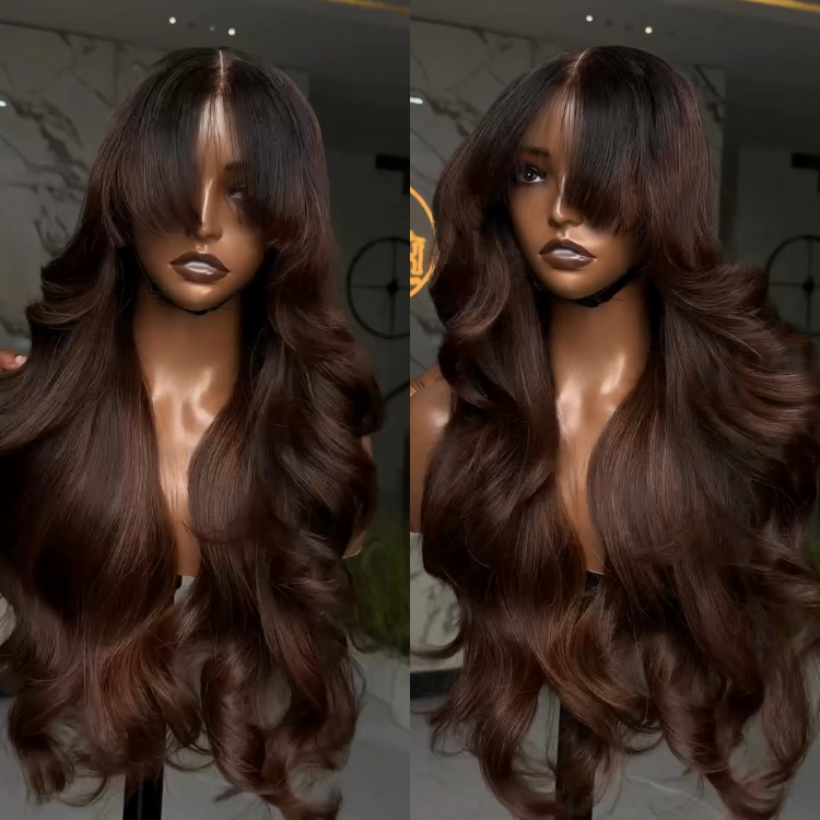 Voluminous Chocolate Brown Body Wave Human Hair Wig - Glossy Dark Brown Glueless Lace Wig with French Bangs- Rafarada