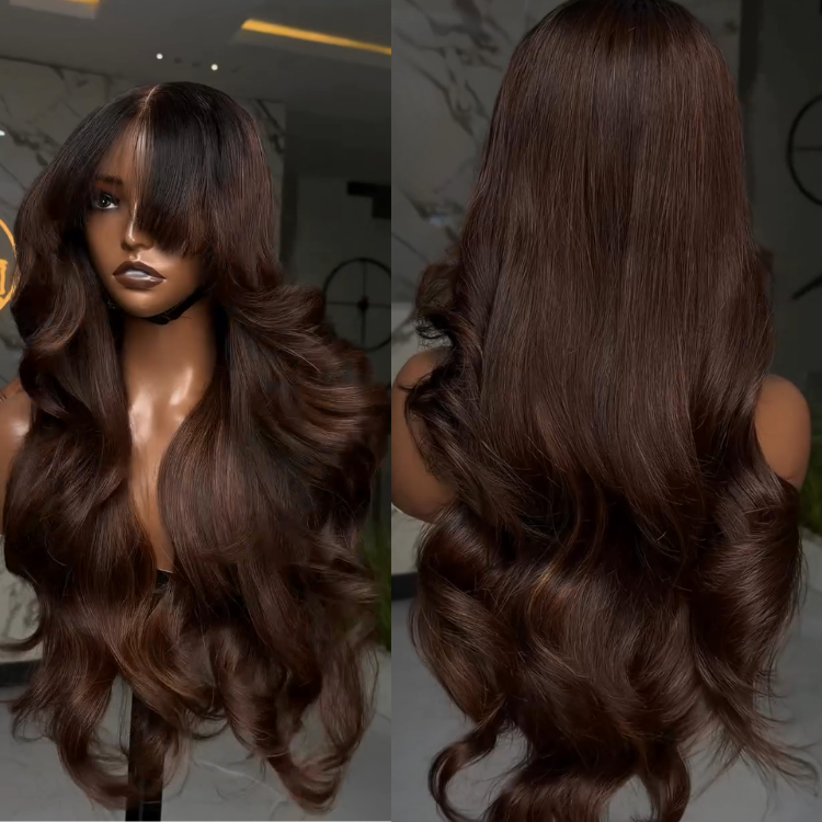Voluminous Chocolate Brown Body Wave Human Hair Wig - Glossy Dark Brown Glueless Lace Wig with French Bangs- Rafarada