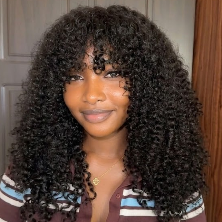 Natural Black Kinky Curly Wig with Bangs - Voluminous Glueless Human Hair Wig with Fringe - Rafarada