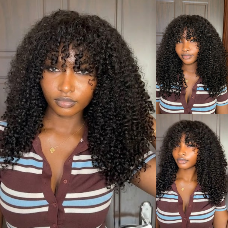 Natural Black Kinky Curly Wig with Bangs - Voluminous Glueless Human Hair Wig with Fringe - Rafarada