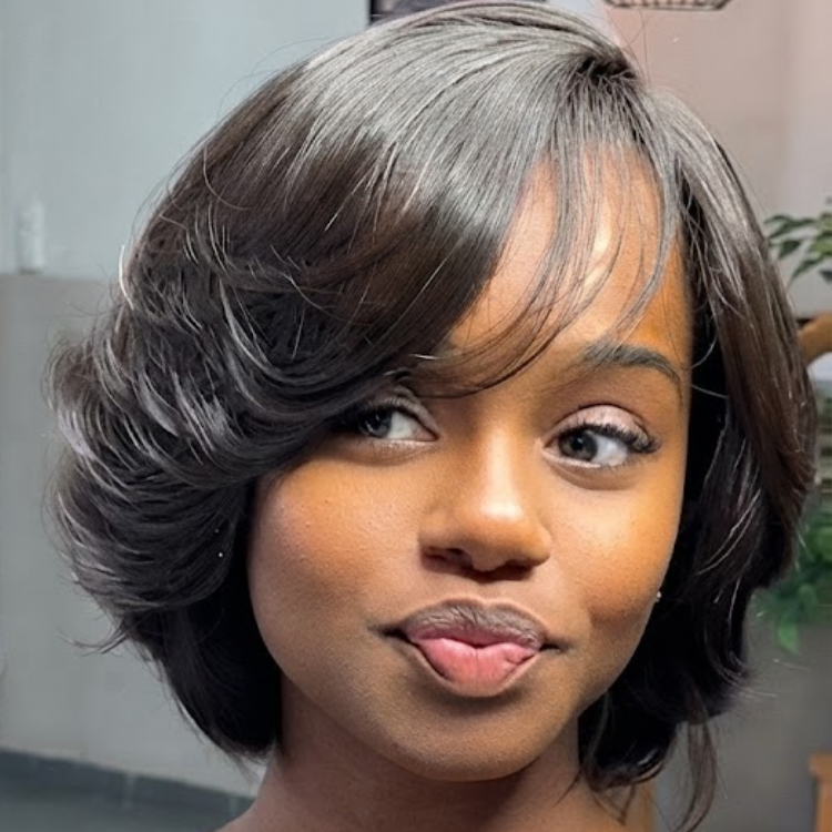 Natural Black Short Bob Human Hair Lace Front Wig - Voluminous Layered Curls - Soft Inward Blowout Style- Rafarada