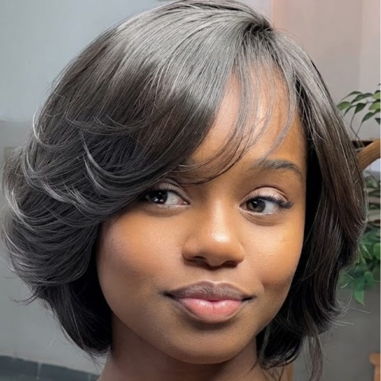 Natural Black Short Bob Human Hair Lace Front Wig - Voluminous Layered Curls - Soft Inward Blowout Style- Rafarada