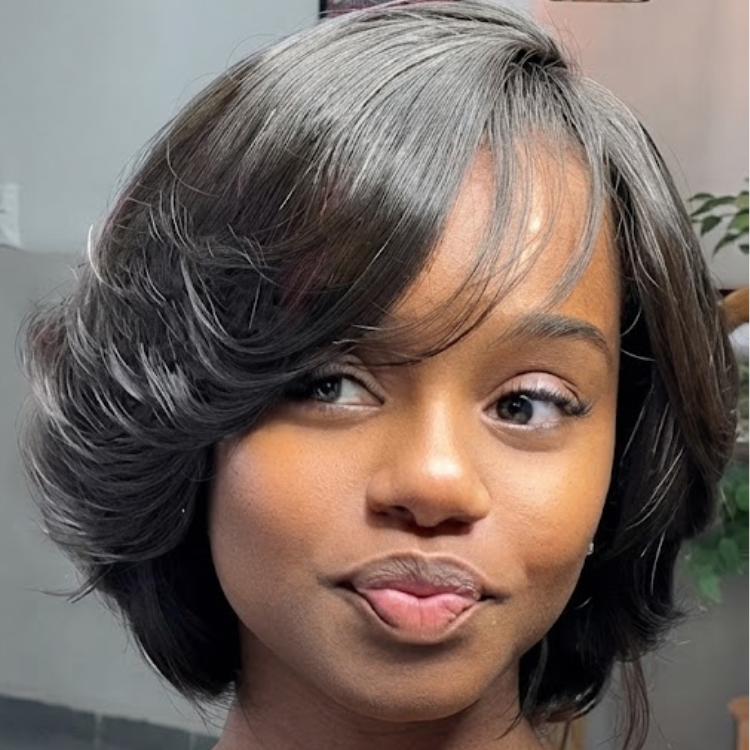 Natural Black Short Bob Human Hair Lace Front Wig - Voluminous Layered Curls - Soft Inward Blowout Style- Rafarada