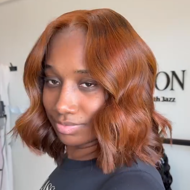 Warm Amber Brown Short Bob Wavy Human Hair Wig - Bouncy Curls - Rafarada