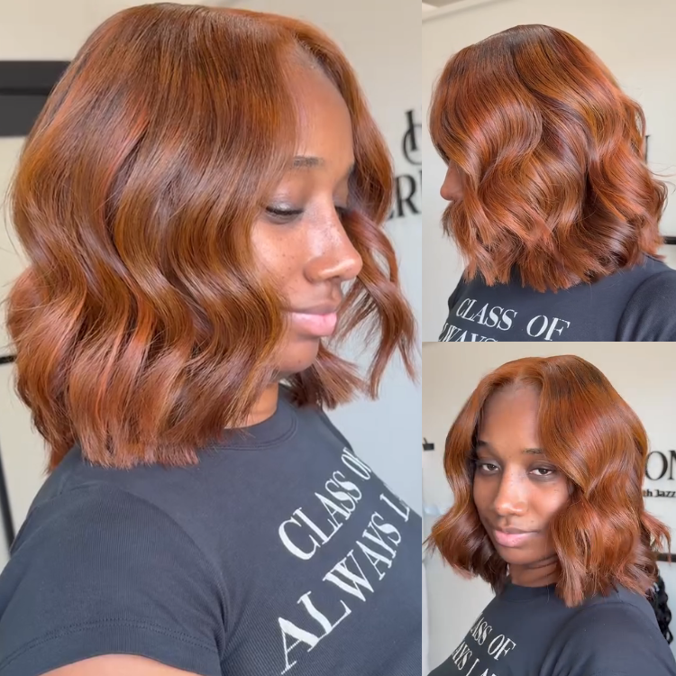 Warm Amber Brown Short Bob Wavy Human Hair Wig - Bouncy Curls - Rafarada