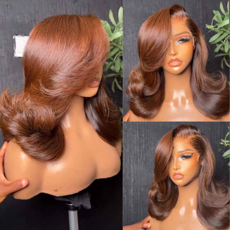 Warm Auburn Copper Brown Body Wave Lace Front Human Hair Wigs Pre-Plucked Glueless Side Part Bouncy Layered Curls for Women - Rafarada