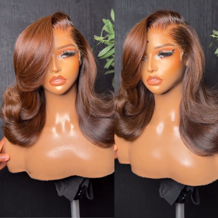 Warm Auburn Copper Brown Body Wave Lace Front Human Hair Wigs Pre-Plucked Glueless Side Part Bouncy Layered Curls for Women - Rafarada