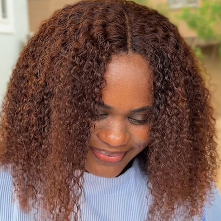 Glueless Warm Chestnut Brown Jerry Curly Human Hair Wig Middle Part Water Wave Lace Front Wig - Rafarada