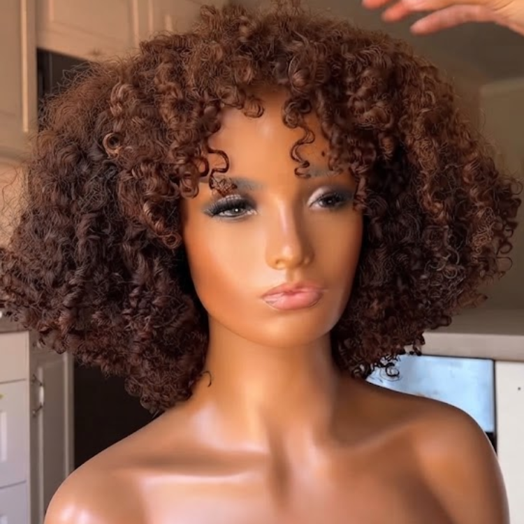 Warm Chestnut Brown & Caramel Highlight Afro Kinky Curly Wig with Bangs - Volumizing Tight Ringlet Coil Short Bob Human Hair Wig for Women- Rafarada