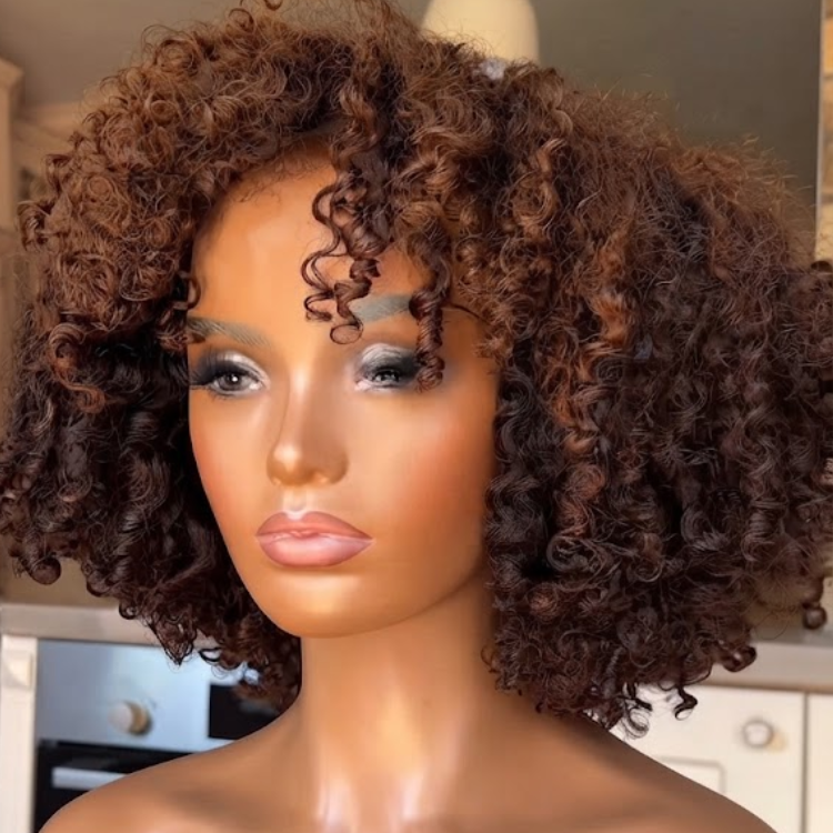 Warm Chestnut Brown & Caramel Highlight Afro Kinky Curly Wig with Bangs - Volumizing Tight Ringlet Coil Short Bob Human Hair Wig for Women- Rafarada