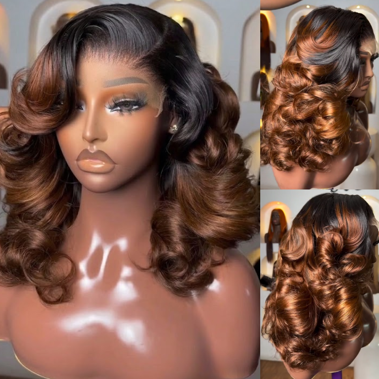 Glueless Water Wave Human Hair Lace Front Wig Ombre Natural Black to Caramel Brown- Rafarada
