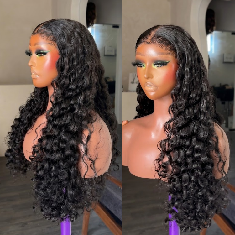 Voluminous Water Wave Lace Front Human Hair Wig - Deep Curly HD Transparent Lace Frontal Wig - Bouncy Natural Black Hair- Rafarada