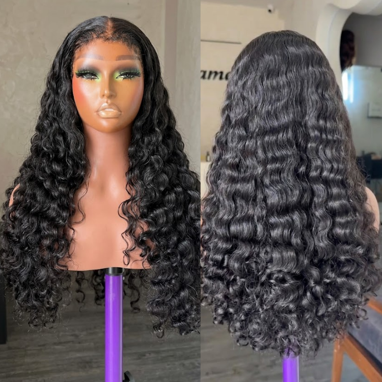 Voluminous Water Wave Lace Front Human Hair Wig - Deep Curly HD Transparent Lace Frontal Wig - Bouncy Natural Black Hair- Rafarada