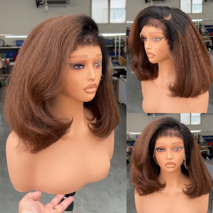 Chocolate Brown Wavy Bob with Natural Black Roots Pre-Plucked Hairline and Baby Hair - Rafarada
