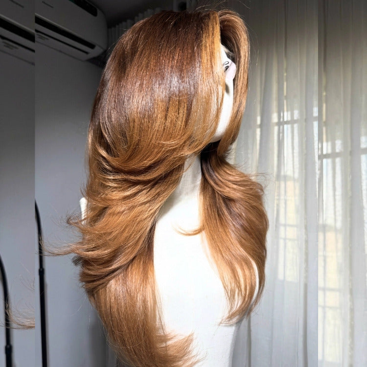 Glueless Honey Blonde Highlight Layered Lace Front Wig Wth Curtain Bangs Human Hair Wig- Rafarada