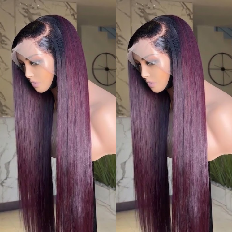 Luxurious Wine Red Ombre Bone Straight Wig - Vibrant Dark Purple-Red Mix with Seamless Dark Roots and Mirror-Like Shine- Rafarada