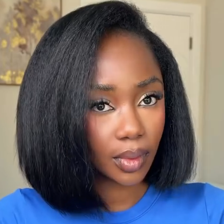 Natural Black Yaki Straight 4C Blowout Texture Human Hair Wig - Glueless Short Bob Lace Front Wig with Natural Hairline- Rafarada