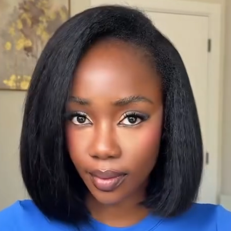 Natural Black Yaki Straight 4C Blowout Texture Human Hair Wig - Glueless Short Bob Lace Front Wig with Natural Hairline- Rafarada