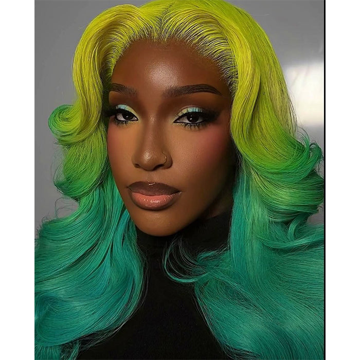 Glueless Lime Green to Emerald Ombre Body Wave Wig Two-Tone Colorful Wave Lace Front Wig - Rafarada