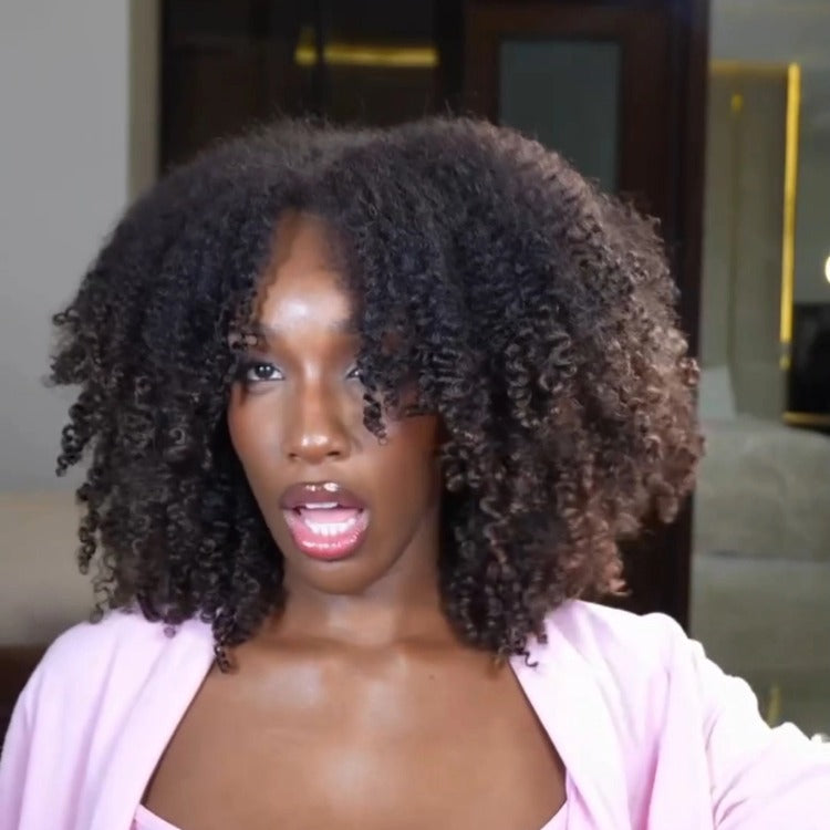 Glueless Afro Curl Human Hair Lace Front Wig Natural Black & Highlight Brown Afro Textured With 4C Edges - Rafarada