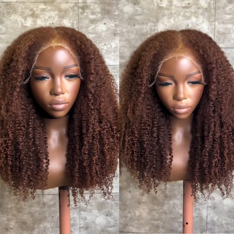 Glueless Afro Curl Deep Auburn Tones and Defined Voluminous Curls Human Hair Lace Wig With 4C Edges - Rafarada