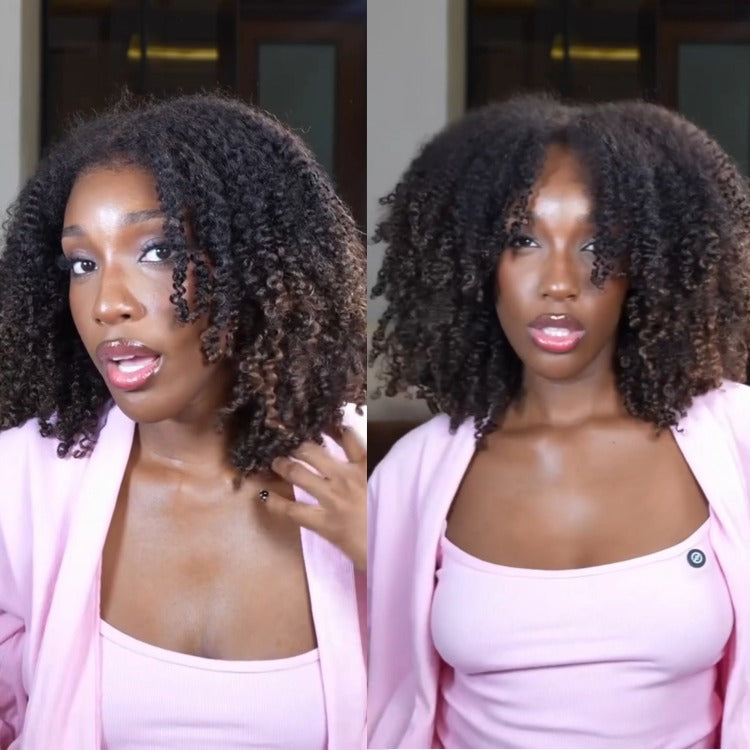 Glueless Afro Curl Human Hair Lace Front Wig Natural Black & Highlight Brown Afro Textured With 4C Edges - Rafarada