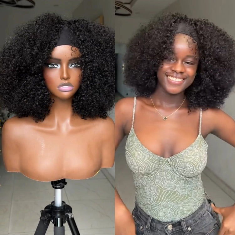 Afro Kinky Curly Headband Wig Human Hair Glueless None Lace Front Wigs Natural Black Bouncy Afro Curly Scarf Wig- Rafarada