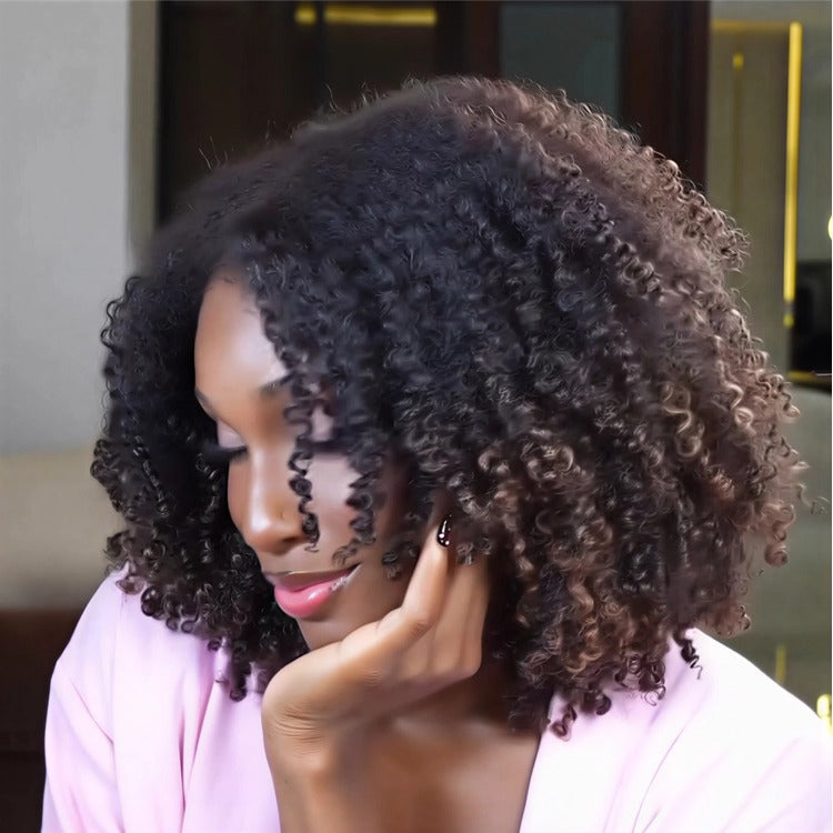 Glueless Afro Curl Human Hair Lace Front Wig Natural Black & Highlight Brown Afro Textured With 4C Edges - Rafarada