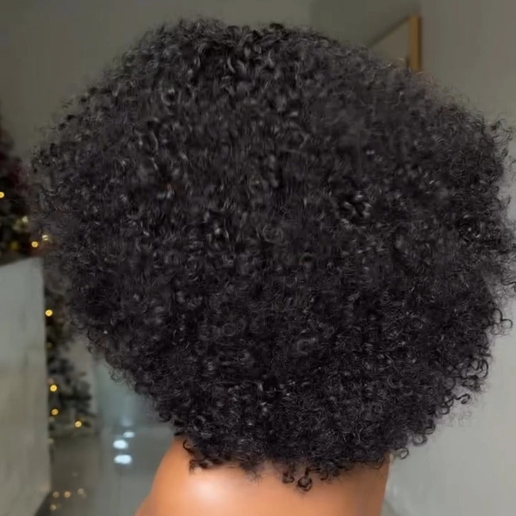 Afro Kinky Curly Headband Wig Human Hair Glueless None Lace Front Wigs Natural Black Bouncy Afro Curly Scarf Wig- Rafarada