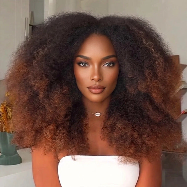 Natural Black Ombre Dark Brown Afro Kinky Curly Wig - Premium 100% Human Hair Afro Curly Wig for Women- Rafarada