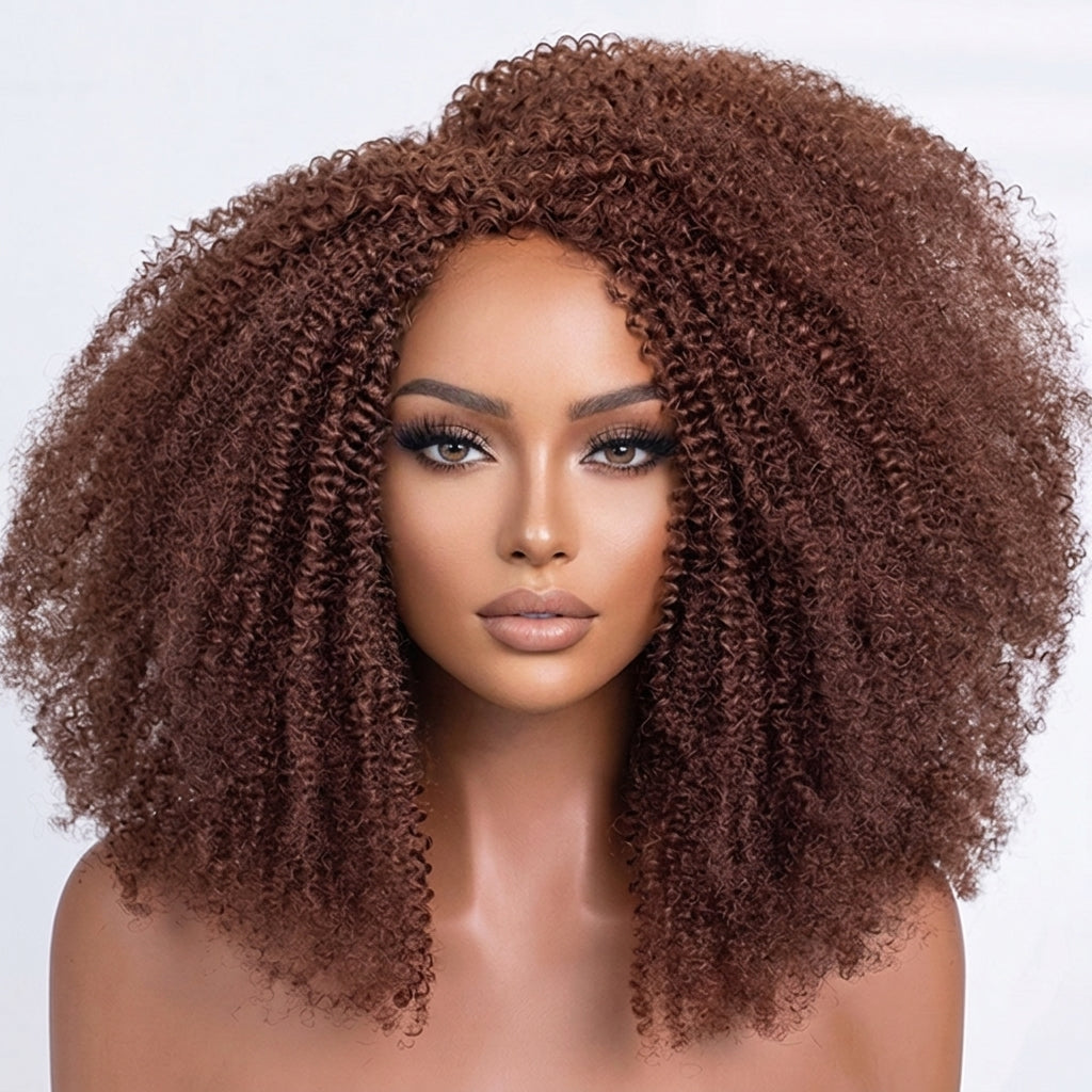 Chocolate Brown Color Afro Kinky Curly Glueless 3-In-1 Half Wig Human Hair For Women - Rafarada