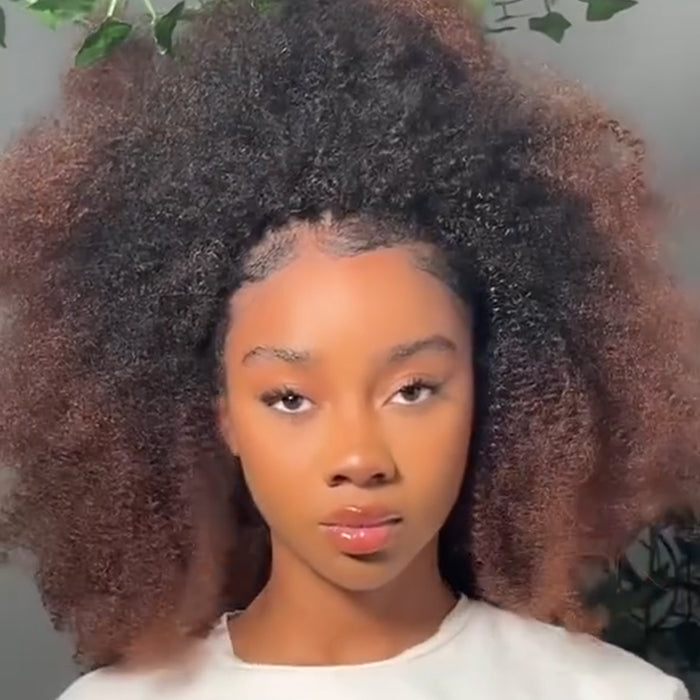 Ombre Black With Brown Color Afro Kinky Curly Human Hair Half Wig Glueless 3-In-1 Half Wig For Women- Rafarada