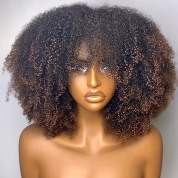 Ombre Brown Color Afro Curly Wig With Bangs Glueless Human Hair Wig 250% Density Wig With 4C Edges Easy To Wear For Woman- Rafarada
