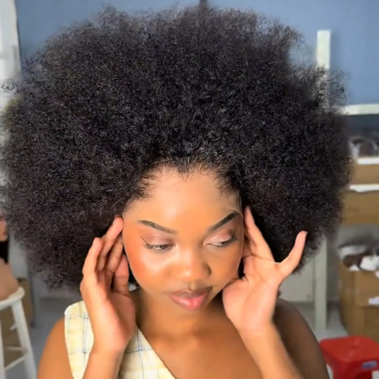 Big Bouncy Afro Curly Human Hair Lace Wig Natural Black 4C Texture Glueless Lace Wig for Women - Rafarada