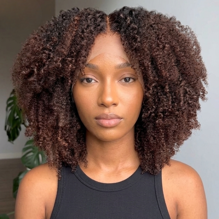 Dark Brown Highlights Volueless Afro Kinky Curly Human Hair Wig with Pre-plucked Hairline Ombre Premium Chocolate Kinky Curly Wig - Rafarada