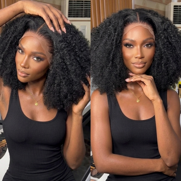 Glueless Kinky Curly HD Lace Front Human Hair Wigs for Black Women Realistic 4C Kinky Curly Natural Black Voluminous Melted Match Lace Wig - Rafarada