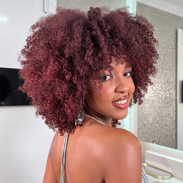 Afro Kinky Curly Shot Bob Wig Burgundy Color Human Hair Wig Glueless Lace Front Wig Natural Look For Woman - Rafarada