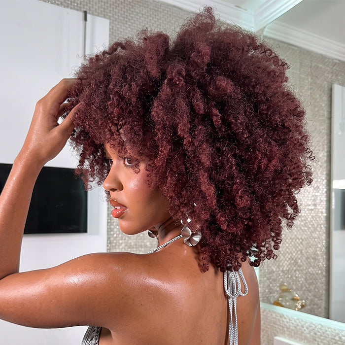 Afro Kinky Curly Shot Bob Wig Burgundy Color Human Hair Wig Glueless Lace Front Wig Natural Look For Woman - Rafarada