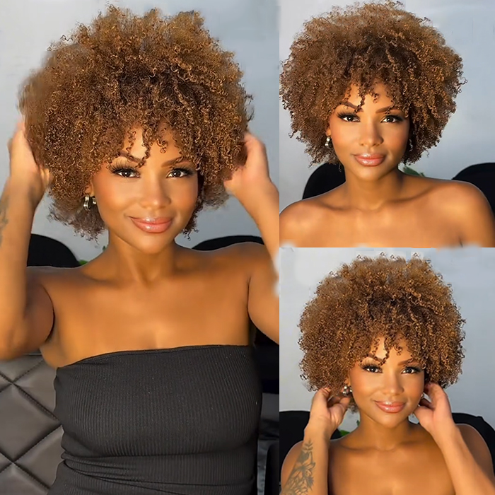 Golden Brown Color 4C Texture Afro Curls Human Hair Wig Glueless HD Lace Front Wig For Women - Rafarada