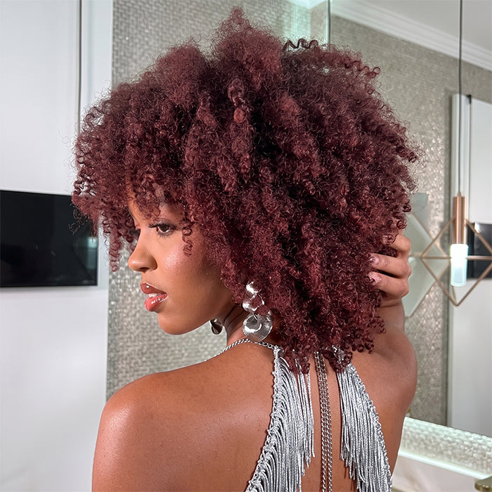Afro Kinky Curly Shot Bob Wig Burgundy Color Human Hair Wig Glueless Lace Front Wig Natural Look For Woman - Rafarada